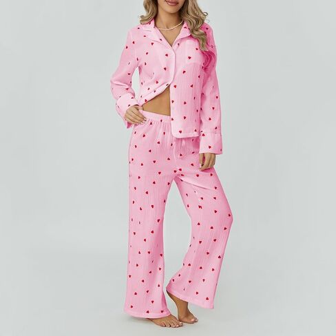 Womens Valentines Pajama Sets Cotton Pj Set Cute Heart Print Long Sleeve Button Shirt+Pants 2 Pieces Loungewear in Saudi Arabia