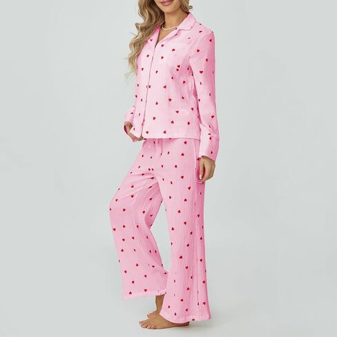 Womens Valentines Pajama Sets Cotton Pj Set Cute Heart Print Long Sleeve Button Shirt+Pants 2 Pieces Loungewear in Saudi Arabia