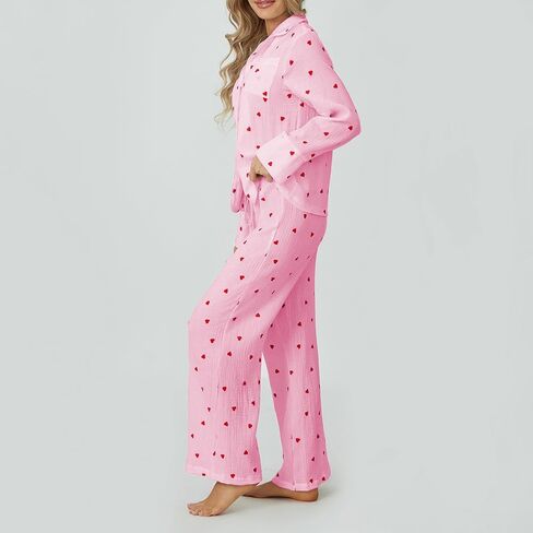 Womens Valentines Pajama Sets Cotton Pj Set Cute Heart Print Long Sleeve Button Shirt+Pants 2 Pieces Loungewear in Saudi Arabia
