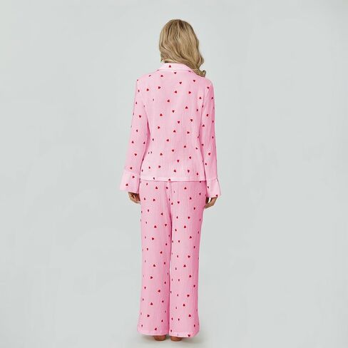 Womens Valentines Pajama Sets Cotton Pj Set Cute Heart Print Long Sleeve Button Shirt+Pants 2 Pieces Loungewear in Saudi Arabia