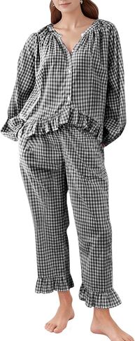 COZYPOIN Womens Plaid 2 Piece Pajamas Sets Cotton Gingham Puff Long Sleeve Babydoll Shirt Ruffle Pants Y2K Pjs Lounge Set in Saudi Arabia