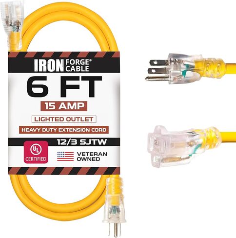 IRON FORGE CABLE 25 ft Lighted Outdoor Extension Cord - 12/3 SJTW Heavy Duty Yellow Extension Cable Extension Cable with 3 Prong Grounded Plug for Safety, 15AMP -Great for Garden and Major Appliances in Kuwait
