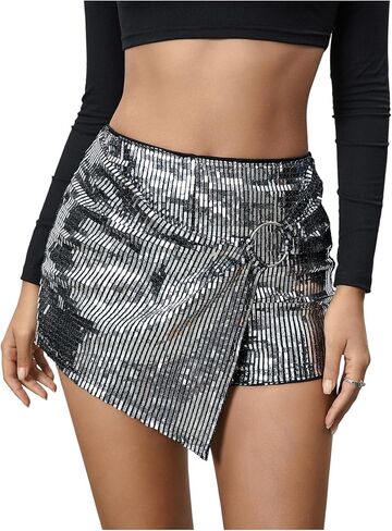 MakeMeChic Women's Glitter Shorts Metallic Ring Linked Wrap Front Asymmetrical Y2K Skort in Saudi Arabia