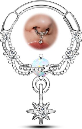 OUFER 16g Octagram Septum Rings, White Opal Septum Jewelry, Clear CZ Hinged Segment Clicker, 316L Surgical Steel Nose Rings Hoops, Helix Daith Tragus Conch Piercing Jewelry for Women Men in Saudi Arabia