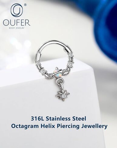 OUFER 16g Octagram Septum Rings, White Opal Septum Jewelry, Clear CZ Hinged Segment Clicker, 316L Surgical Steel Nose Rings Hoops, Helix Daith Tragus Conch Piercing Jewelry for Women Men in Saudi Arabia