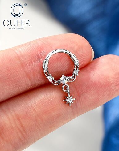 OUFER 16g Octagram Septum Rings, White Opal Septum Jewelry, Clear CZ Hinged Segment Clicker, 316L Surgical Steel Nose Rings Hoops, Helix Daith Tragus Conch Piercing Jewelry for Women Men in Saudi Arabia