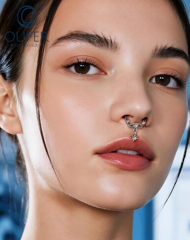 OUFER 16g Octagram Septum Rings, White Opal Septum Jewelry, Clear CZ Hinged Segment Clicker, 316L Surgical Steel Nose Rings Hoops, Helix Daith Tragus Conch Piercing Jewelry for Women Men in Saudi Arabia