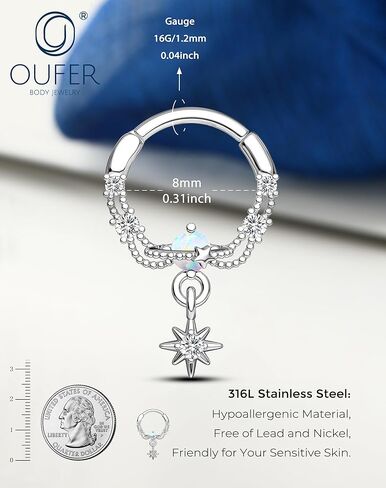 OUFER 16g Octagram Septum Rings, White Opal Septum Jewelry, Clear CZ Hinged Segment Clicker, 316L Surgical Steel Nose Rings Hoops, Helix Daith Tragus Conch Piercing Jewelry for Women Men in Saudi Arabia