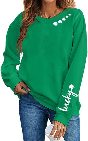 سويت شيرت عيد القديس باتريك للسيدات بأكمام طويلة من Lucky Shamrock سترة أيرلندية برسيم كاجوال برسومات صوفية in Kuwait