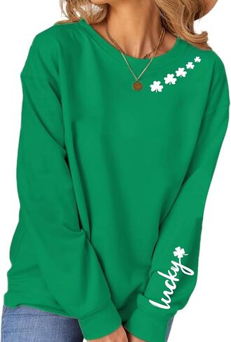 سويت شيرت عيد القديس باتريك للسيدات بأكمام طويلة من Lucky Shamrock سترة أيرلندية برسيم كاجوال برسومات صوفية in Kuwait