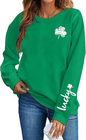 سويت شيرت عيد القديس باتريك للسيدات بأكمام طويلة من Lucky Shamrock سترة أيرلندية برسيم كاجوال برسومات صوفية in Kuwait