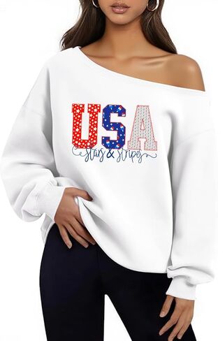 Dressmine Womens USA Off Shoulder Sweatshirts Casual Long Sleeve Patriotic Shirts American Flag Sweater Knit Pullover Tops in Saudi Arabia
