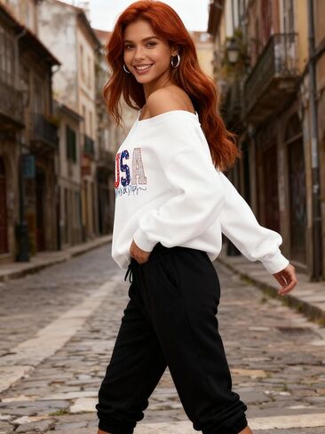 Dressmine Womens USA Off Shoulder Sweatshirts Casual Long Sleeve Patriotic Shirts American Flag Sweater Knit Pullover Tops in Saudi Arabia