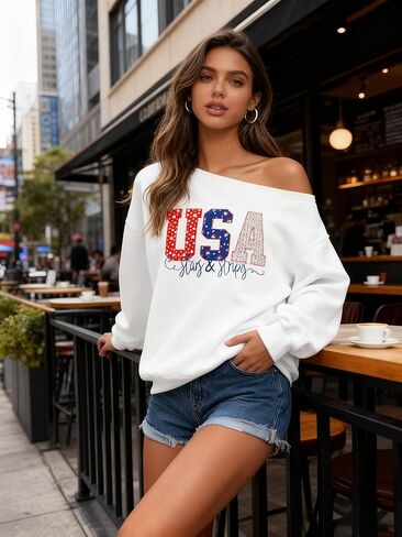 Dressmine Womens USA Off Shoulder Sweatshirts Casual Long Sleeve Patriotic Shirts American Flag Sweater Knit Pullover Tops in Saudi Arabia