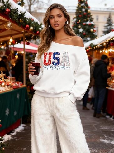 Dressmine Womens USA Off Shoulder Sweatshirts Casual Long Sleeve Patriotic Shirts American Flag Sweater Knit Pullover Tops in Saudi Arabia