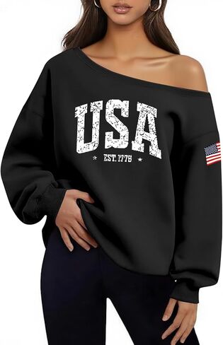 Dressmine Womens USA Off Shoulder Sweatshirts Casual Long Sleeve Patriotic Shirts American Flag Sweater Knit Pullover Tops in Saudi Arabia