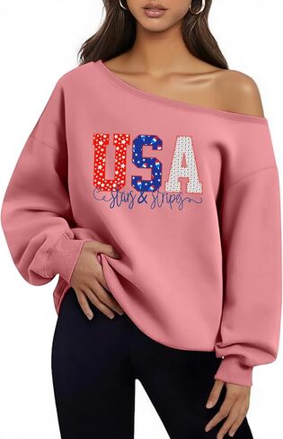 Dressmine Womens USA Off Shoulder Sweatshirts Casual Long Sleeve Patriotic Shirts American Flag Sweater Knit Pullover Tops in Saudi Arabia