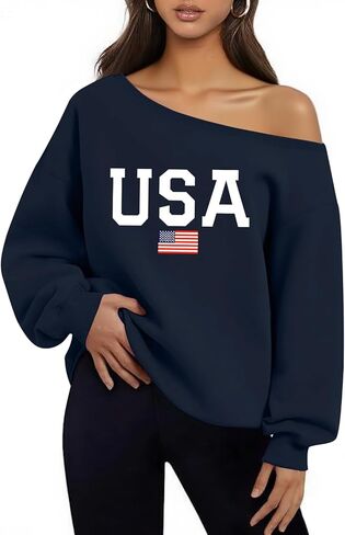 Dressmine Womens USA Off Shoulder Sweatshirts Casual Long Sleeve Patriotic Shirts American Flag Sweater Knit Pullover Tops in Saudi Arabia