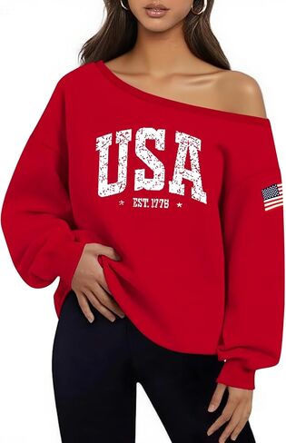 Dressmine Womens USA Off Shoulder Sweatshirts Casual Long Sleeve Patriotic Shirts American Flag Sweater Knit Pullover Tops in Saudi Arabia