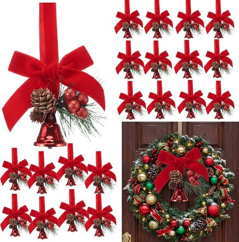24 Pcs Hanging Christmas Bells for Wreaths Decoration Jingle Bells with Bow and Pinecone Ornaments for Christmas Tree Home Xmas Door Wreath Gifts Holiday Party Decoration(Red) in Saudi Arabia