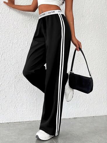 Women’s Wide Leg Track Pants with White Side Stripe – Culture Letter Waist Casual Sporty Pants in Saudi Arabia
