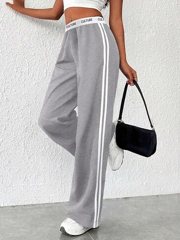 Women’s Wide Leg Track Pants with White Side Stripe – Culture Letter Waist Casual Sporty Pants in Saudi Arabia