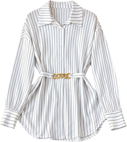 SweatyRocks Women's Oversized Striped Button Down Shirts Dressy Collared Bishop Long Sleeve Belted Blouses in Saudi Arabia