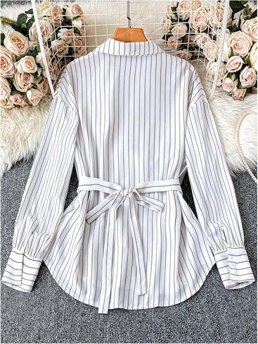 SweatyRocks Women's Oversized Striped Button Down Shirts Dressy Collared Bishop Long Sleeve Belted Blouses in Saudi Arabia