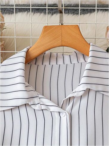 SweatyRocks Women's Oversized Striped Button Down Shirts Dressy Collared Bishop Long Sleeve Belted Blouses in Saudi Arabia
