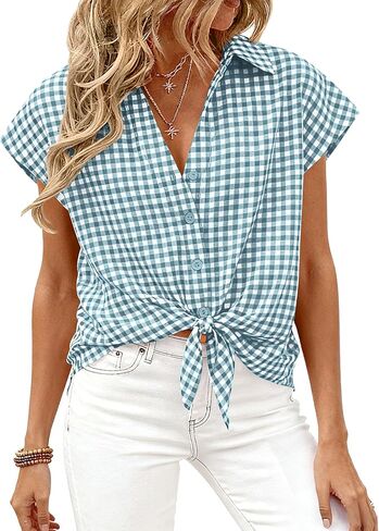 PRETTYGARDEN Womens Button Down Shirts V Neck Short Cap Sleeve Collared Plaid Tops 2026 Summer Spring Casual Blouses Clothes in Saudi Arabia