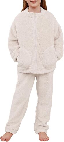 Girls Fleece Pants Sets Kids Fuzzy Sweatshirts Outfits Winter Zip Up Fluffy Sweatsuits Set in Saudi Arabia