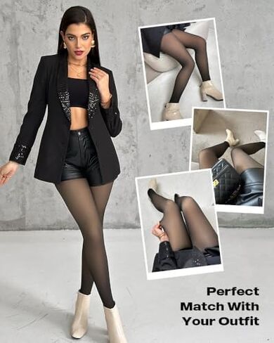 Womens Fleece Lined Warm Winter Tights Fake Translucent Thermal Pantyhose High Waist Skin Colored Thick Leggings in Saudi Arabia