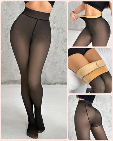 Womens Fleece Lined Warm Winter Tights Fake Translucent Thermal Pantyhose High Waist Skin Colored Thick Leggings in Saudi Arabia