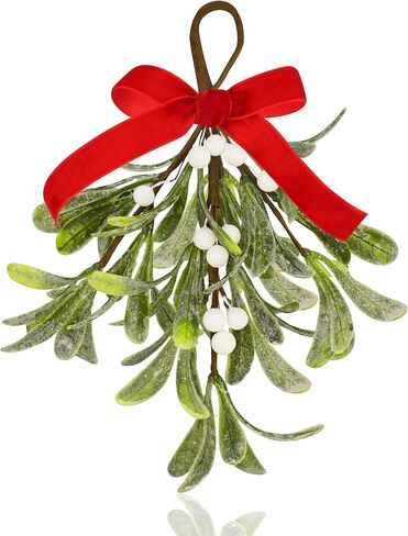 Mistletoe Christmas Decor, Artificial Fake Hanging Mistletoe Picks with Velvet Bow Berries,Like Real Christmas Kissing Ball Ornaments for Kitchen Doorway Tree Decorations (White) (1) in Saudi Arabia
