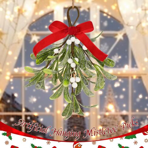 Mistletoe Christmas Decor, Artificial Fake Hanging Mistletoe Picks with Velvet Bow Berries,Like Real Christmas Kissing Ball Ornaments for Kitchen Doorway Tree Decorations (White) (1) in Saudi Arabia