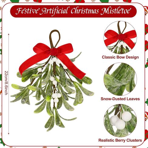 Mistletoe Christmas Decor, Artificial Fake Hanging Mistletoe Picks with Velvet Bow Berries,Like Real Christmas Kissing Ball Ornaments for Kitchen Doorway Tree Decorations (White) (1) in Saudi Arabia