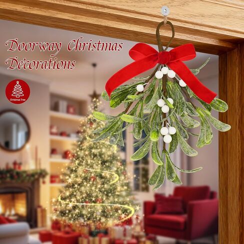 Mistletoe Christmas Decor, Artificial Fake Hanging Mistletoe Picks with Velvet Bow Berries,Like Real Christmas Kissing Ball Ornaments for Kitchen Doorway Tree Decorations (White) (1) in Saudi Arabia