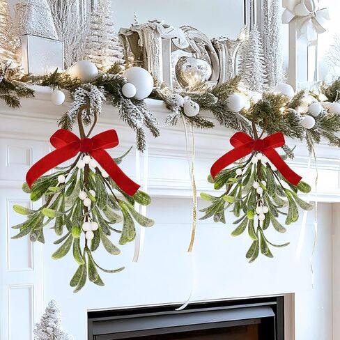 Mistletoe Christmas Decor, Artificial Fake Hanging Mistletoe Picks with Velvet Bow Berries,Like Real Christmas Kissing Ball Ornaments for Kitchen Doorway Tree Decorations (White) (1) in Saudi Arabia