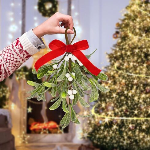 Mistletoe Christmas Decor, Artificial Fake Hanging Mistletoe Picks with Velvet Bow Berries,Like Real Christmas Kissing Ball Ornaments for Kitchen Doorway Tree Decorations (White) (1) in Saudi Arabia