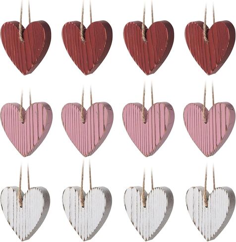 Valentines Day Tree Decorations: 12pcs Vintage Red Pink White Wood Heart Tree Ornaments, Distressed Wooden Rustic Love Heart, Valentines Day Decor for Home Office Wedding in Saudi Arabia
