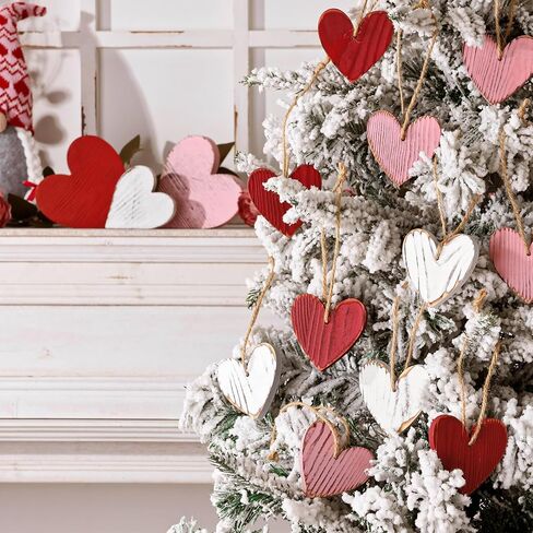 Valentines Day Tree Decorations: 12pcs Vintage Red Pink White Wood Heart Tree Ornaments, Distressed Wooden Rustic Love Heart, Valentines Day Decor for Home Office Wedding in Saudi Arabia