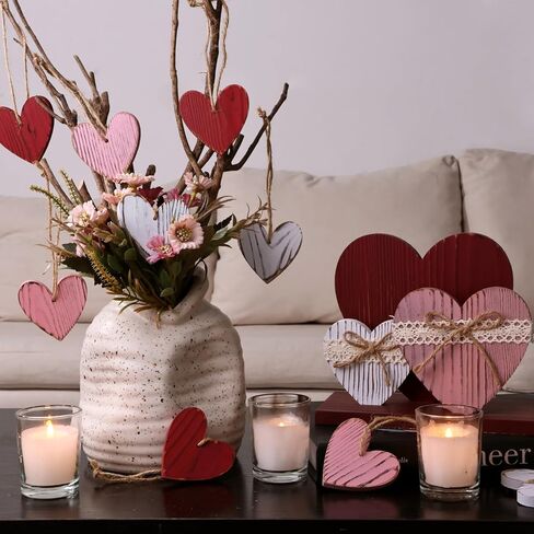 Valentines Day Tree Decorations: 12pcs Vintage Red Pink White Wood Heart Tree Ornaments, Distressed Wooden Rustic Love Heart, Valentines Day Decor for Home Office Wedding in Saudi Arabia
