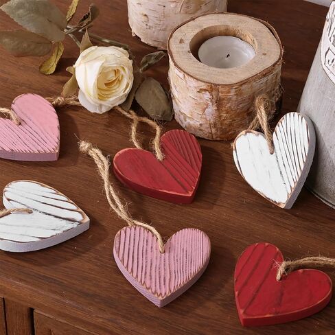 Valentines Day Tree Decorations: 12pcs Vintage Red Pink White Wood Heart Tree Ornaments, Distressed Wooden Rustic Love Heart, Valentines Day Decor for Home Office Wedding in Saudi Arabia