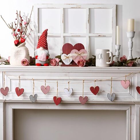 Valentines Day Tree Decorations: 12pcs Vintage Red Pink White Wood Heart Tree Ornaments, Distressed Wooden Rustic Love Heart, Valentines Day Decor for Home Office Wedding in Saudi Arabia