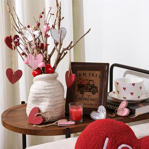 Valentines Day Tree Decorations: 12pcs Vintage Red Pink White Wood Heart Tree Ornaments, Distressed Wooden Rustic Love Heart, Valentines Day Decor for Home Office Wedding in Saudi Arabia