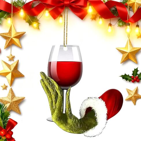 Funny Wine Cup Christmas Ornaments, 2D Acrylic Green Ornaments Tree Hanging Decorations for Wine Lovers, 2025 Unique Christmas Party Favors for Home Office Festive Decor in Saudi Arabia