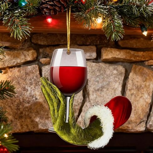 Funny Wine Cup Christmas Ornaments, 2D Acrylic Green Ornaments Tree Hanging Decorations for Wine Lovers, 2025 Unique Christmas Party Favors for Home Office Festive Decor in Saudi Arabia