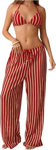 SHENHE Women's 3 Piece Swimsuits Crochet Striped Bikinis Triangle Halter Bathing Suit with Pants in Saudi Arabia