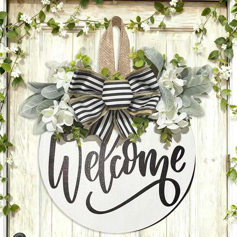 Welcome Wreaths Sign for Front Door, Rustic Wood Wreath with Bow, Welcome Home Porch Hanging Sign Gift, for All Seasons Holiday Farmhouse Outdoor & Indoor Decorations in Saudi Arabia