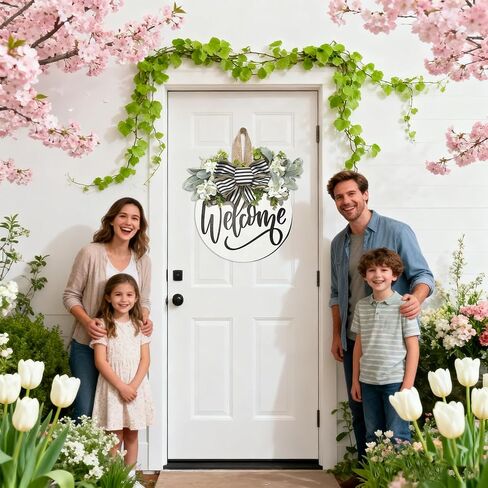 Welcome Wreaths Sign for Front Door, Rustic Wood Wreath with Bow, Welcome Home Porch Hanging Sign Gift, for All Seasons Holiday Farmhouse Outdoor & Indoor Decorations in Saudi Arabia